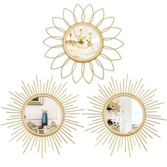 3 Pack Metal Mirrors for Wall Sunburst Wall Mirrors Home Décor Decorative Hanging Wall Art for Living Room Bedroom Entryway (Gold, Flower+Sunburst)