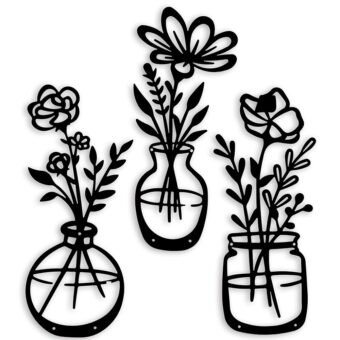 3 Pieces Black Metal Flowers Wall Decor Metal Vase Wall Art Metal Wall Sculptures Hanging for Indoor Kitchen Bathroom Bedroom Living Room,14.56x5.9 inches