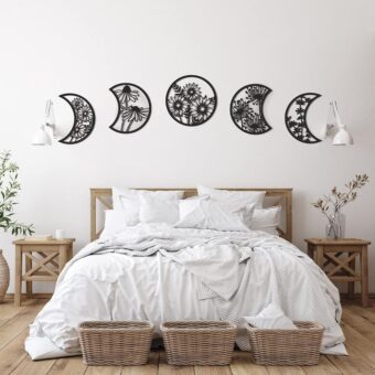 5 Pieces Moon Phase Wall Decor Boho Hanging Moon Phase Nordic Wood Wall Art for Living Room Bedroom Home Wall Decoration Room Apartment Bar Ornament (Black)