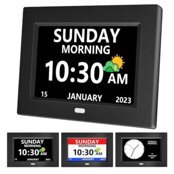 7 Inch Clock with Day and Date for Elderly Large Display Digital Clock 12 Alarms 3 Medicine Reminders Large Font Dementia Clocks Alarm Clock for Seniors Day Clock Black