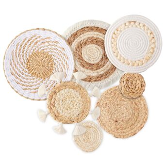 7 Pack Boho Wall Basket Decor - Seagrass Rattan Wicker Wall Decor Round Handmade Hanging Rustic Flat Elegant Wall Art for Farmhouse Living Rooms Bedrooms Display Table Settings...