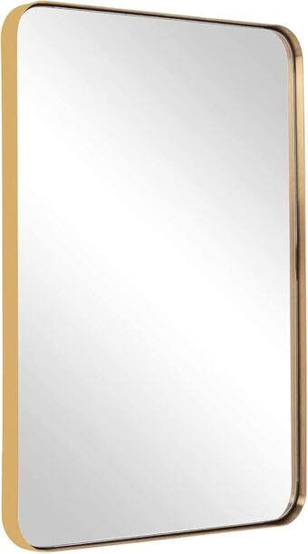 ANDY STAR Gold Bathroom Mirror for Wall, 20x28” Brushed Brass Metal Rounded Corner Rectangle Mirror, Wall Mirror in Stainless Steel Metal Frame, 1" Deep Set Design Hangs...