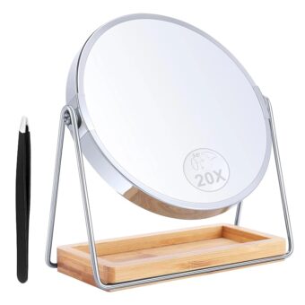 B Beauty Planet 20X Magnifying Mirror with Bamboo Base, Double Sided Magnifying Mirror with 20X/1X Magnification, 360° Swivel Tabletop Mirror with Storage Stand, Round Makeup...