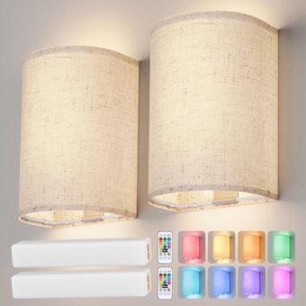 Battery Operated Wall Sconce: Wireless Wall Sconces Set of Two Magnetic Wall Lamp Rechargeable Wall Lights 16 RGB Colors Fabric Linen Shade with Remote Wall Decor for Bedroom...