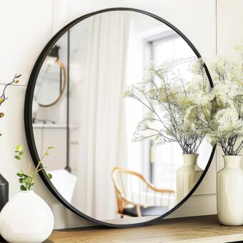 Black Round Mirror, Round Mirror 24 inch, Black Circle Mirror Metal Frame, Round Wall Mounted Mirrors for Living Room, Bathroom, Wall, Entryway, Rustic.