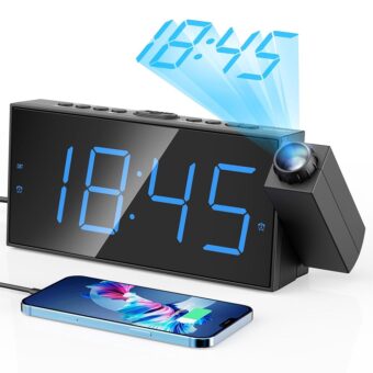 Digital Projection Alarm Clocks for Bedrooms - Large LED Display, 180° Rotatable Projector, 5-Level Dimmer,USB Charger,Battery Backup,Loud Dual Alarms for Kids Elderly,Heavy...