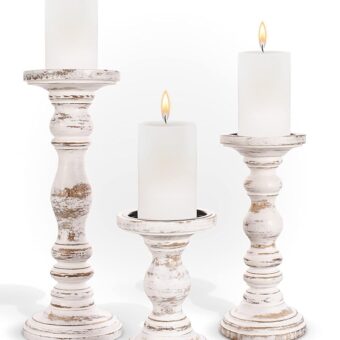 Large Candle Holders for Pillar Candles - Rustic Farmhouse Style Home Decor - Perfect for Table Centerpieces, Coffee Table or Fireplace Mantel - 3 Piece Set - White