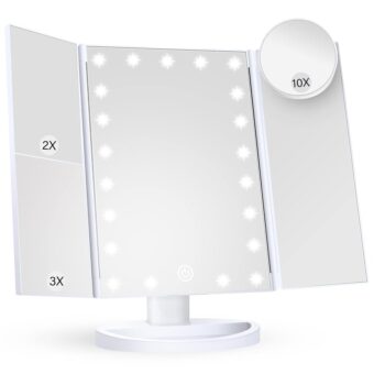 Makeup Mirror Vanity Mirror with Lights, 2X 3X 10X Magnification, Lighted Makeup Mirror, Touch Control, Trifold Makeup Mirror, Dual Power Supply, Portable LED Makeup Mirror,...