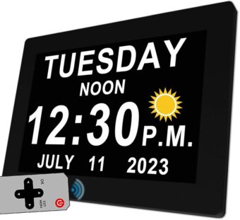 MASSII 19 Alarms Digital Clock with Auto DST and Sun Moon Icons, Custom Reminders and Calendar Clock, Day Date Clock for Seniors Dementia Alzheimers' Clock- 7 Inch with Remote...