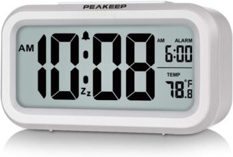 Peakeep Night Light Digital Alarm Clock Battery Operated with Indoor Temperature, Desk Small Clock (White)