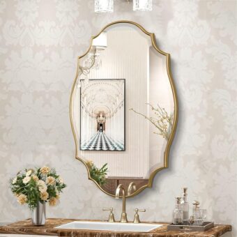 Scalloped Oval Wall Mirror, 24“X36” Gold Bathroom Vanity Mirror, Ornate Decorative Mirror for Living Room, Washroom, Bedroom