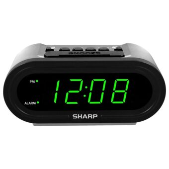 SHARP Digital Alarm with AccuSet - Automatic Smart Clock, Never Needs Setting - Great for Seniors, Kids, and Everyone who Doesn't Want to Set a Clock! Silver Case with Green LEDs