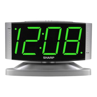 SHARP Home LED Digital Alarm Clock – Swivel Base - Outlet Powered, Simple Operation, Alarm, Snooze, Brightness Dimmer, Big Green Digit Display, Silver Case