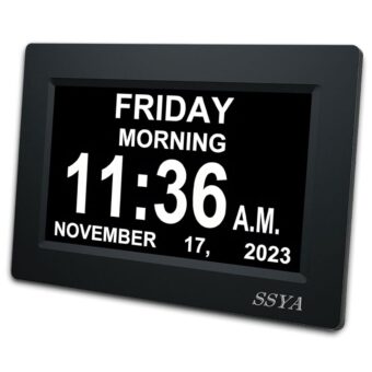 SSYA [Newest Version] 7 Inch Calendar Clock - 12 Alarm Options, Level 5 Auto Dimmable Display,Extra Large Impaired Vision Digital Clock with Non-Abbreviated Day & Month Alarm...