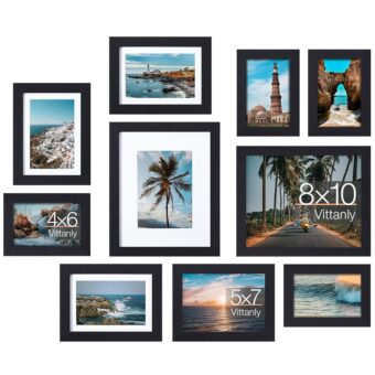 Vittanly 10 Pack Picture Frames Collage Wall Decor, Gallery Wall Frame Set for Wall or Tabletop Display, Multi Sizes with Two 8x10, Four 5x7, and Four 4x6 Photo Frames, Black