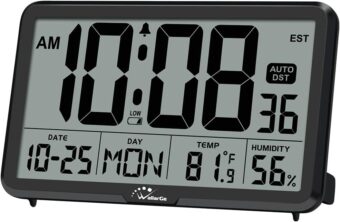 WallarGe Auto Set Digital Wall Clock Battery Operated, Desk Clocks with Temperature, Humidity and Date, Large Display Digital Calendar Alarm Clock for Elderly, Bedroom, Office,...