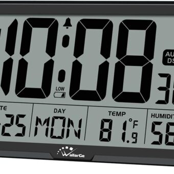 WallarGe Auto Set Digital Wall Clock Battery Operated, Desk Clocks with Temperature, Humidity and Date, Large Display Digital Calendar Alarm Clock for Elderly, Bedroom, Office,...