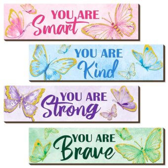 4 Pcs Butterfly Inspirational Quote Wooden Sign Bedroom Wall Decor for Daughter women Room Decor Aesthetic Wooden Hanging Wall Sign Rainbow Wall Art for Daughter Son Nursery...