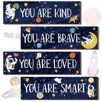 4 Pieces Space Decor Boys Room Space Posters Boy Bedroom Wall Decor Spaceman Wood Sign Inspirational Space Wall Art Boys Bedroom Decor Space Motivational Quote for Baby Kids...