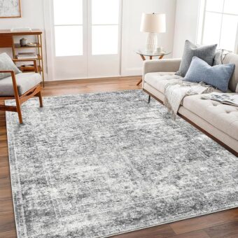 5x7 Washable Area Rug Gray Vintage Rug Traditional Floor Cover Foldable Thin Rug Kitchen Accent Rug Indoor Distressed Non Slip Carpet Floral Print Mat Bedroom Living Room Bathroom