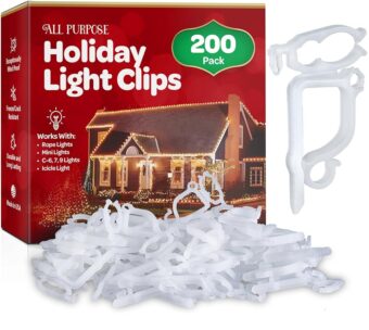 All-Purpose Holiday Light Clips [Set of 200] Christmas Light Clips, Outdoor Light Clips - Mount to Shingles & gutters - Works with Mini, C6, C7, C9, Rope, Icicle Lights - No...