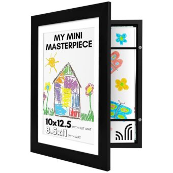 Americanflat 10x12.5 Kids Art Frame - Front Loading Picture Frame - Use as 8.5x11 Frame with Mat or 10x12.5 Frame Without Mat - My Mini Masterpiece - Holds 100 Artworks - Black