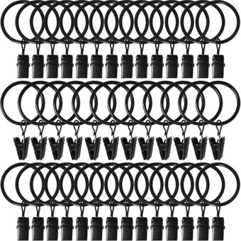 AMZSEVEN 40 Pack Curtain Rings with Clips, Drapery Clips with Rings, Drapes Rings 1.26 in Interior Diameter, Fits up to 1 in Curtain Rod, Black