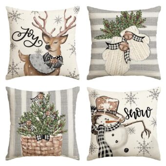 AVOIN colorlife Christmas Snowman Reindeer Gloves Eucalyptus Throw Pillow Covers, 18 x 18 Inch Winter Holiday Stripes Cushion Case Decoration for Sofa Couch Set of 4