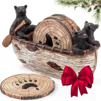 Bear Coasters Set of 6 Full Size Rustic Coasters in Handmade Canoe with Adorable Black Bear Figurines | Black Bear Log Cabin Decorations, Rustic Lodge Decor for The Home