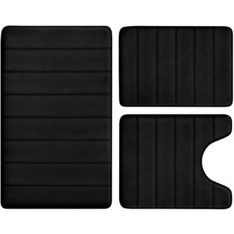 BYSURE Black Memory Foam Bathroom Rug Set 3 Piece, Non Slip Extra Soft Absorbent Washable & Dry Toilet Bath Mat Sets