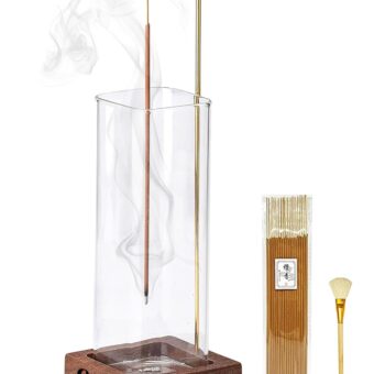 Ceremony Incense Holder, Wooden Incense Holder for Sticks with Glass Ash Catcher, Anti-ash Incense Burner with 20 Incense Sticks and a Ash Brush for Meditation Yoga Spa Room Decor