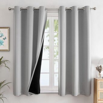 ChrisDowa 100% Blackout Curtains for Bedroom with Black Liner, 2 Thick Layers Total Blackout Thermal Insulated Grommet Window Curtains 63 Inch Length 2 Panels Set (Light Grey,...