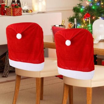 Christmas Chair Covers Set of 4,Red and White Santa Claus Hat Chair Back Covers for Xmas Holiday Festival Indoor Kitchen Bar Counter Stools Decorations Dining Room Table Decor