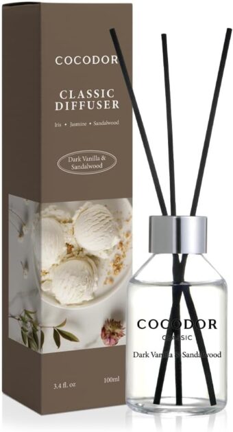 COCODOR Classic Reed Diffuser/Dark Vanilla&Sandalwood/3.4oz(100ml)/1 Pack/Home Fragrance Scent Essential Oil Stick Diffuser for Bedroom Bathroom Home Décor