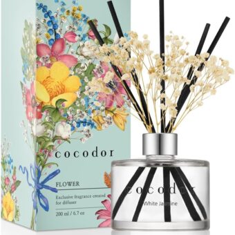 COCODOR Flower Reed Diffuser Set / 6.7oz / White Jasmine/Scent Diffuser with Sticks Home Fragrance Reed Diffuser for Bathroom Shelf Decor