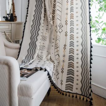 ColorBird Boho Curtains 2 Panels 84 Inch Curtain Geometric Semi-Blackout Light Filtering Window Treatment Cotton Linen with Black Tassel Rod Pocket Drapes for Living Bedroom