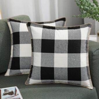 decorUhome Christmas Buffalo Plaid Check Throw Pillow Covers 18x18 Set of 2, Outdoor Decorative Farmhouse Pillow Covers with Stitched Edge for Bed Couch Sofa, Black and White