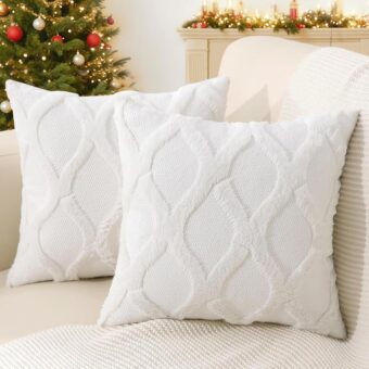 decorUhome Christmas Decorative Throw Pillow Covers 18X18 Set of 2, Soft Plush Faux Fur Wool Pillow Covers for Couch Bed Sofa Living Room, Cream White