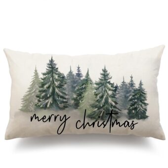 DFXSZ Christmas Pillow Covers 12x20 Christmas Decorations Watercolor Blue Green Christmas Tree Rustic Style Nature Forest Print Decorative Throw Pillows Winter Christmas Decor