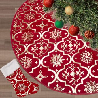 Flash World 36 Inch Large Christmas Tree Skirt Xmas Soft Cover Mat Decor Snowflake Collar Farmhouse Tree Skirt for Holiday Ornaments Party Home Indoor Decorations (Red, 48INCH)