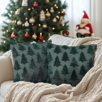 GEEORY Christmas Tree Pillow Covers 18x18 Inch Set of 2, Xmas Winter Soft Plush Faux Fur Wool Decorative Throw Pillows Farmhouse Holiday Cushion Case for Home Decoration (Green)...