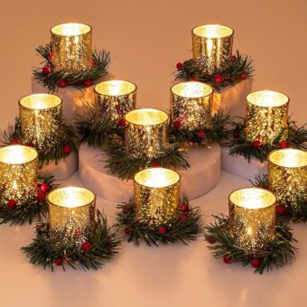 Glasseam Christmas Candle Holder with Wreath: Gold Votive Candle Holders Set of 12 Mercury Glass Candle Holder with Candle Rings Small Tea Lights Candle Holder for Table...