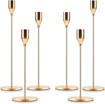 Gold Taper Candle Holder Set of 6, Brass Gold Tall Candlestick Holders, Metal Vintage Candle Stickers Long Holder Set, Pillar Decorative Candle Holder Fits 3/4 Inch Candle