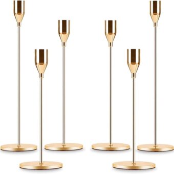 Gold Taper Candle Holder Set of 6, Brass Gold Tall Candlestick Holders, Metal Vintage Candle Stickers Long Holder Set, Pillar Decorative Candle Holder Fits 3/4 Inch Candle