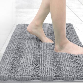 Grandaily Chenille Striped Bathroom Rugs 30x20, Extra Thick and Absorbent Bath Rugs, Non-Slip Soft Plush Shaggy Bath Carpet, Machine Wash Dry, Bath Mats for Bathroom, Grey