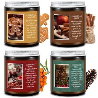 Homsolver Set of 4 Christmas Scented Candles, Christmas Candles Gifts for Women Men, Christmas Tree/Christmas Biscuit/Christmas Berry/Christmas Spice Scented Soy Candles for...