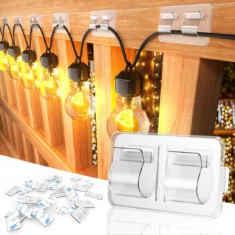 Hooks for Outdoor String Lights Clips: 25Pcs Heavy Duty Cable Clips with Waterproof Adhesive Strips for Hanging Christmas Light - Outside UV-Resistant Clear Sticky Cord Holders...