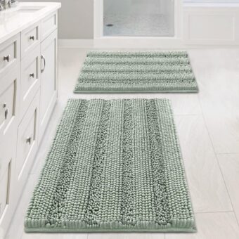 H.VERSAILTEX Sage Bathroom Rugs, Bath Mat Set of 2 Extra Thick Chenille Striped Pattern Shaggy Bath Rugs for Bathroom, Non Skid Bath Mats for Bathroom Floor (32 x 20 Plus 24 x...