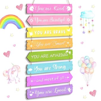 Inspirational Girl Room Decor Aesthetic Art Wall Hanging Sign Inspiring Colorful Rainbow Wooden Decoration for Kids Teens Toddler Boy Baby Bedroom Nursery Dorm Decor, 6-12 Years...