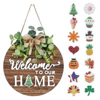 Interchangeable Seasonal Welcome Sign Front Door Decoration, Rustic Round Wood Wreaths Wall Hanging Outdoor, Farmhouse, Porch, for Spring Summer Fall All Seasons Holiday...